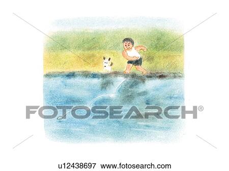 Boy throwing a Pebble into river, Illustration View Large Photo Image Stock Photo - Boy throwing a Pebble into river, Illustration . Fotosearch