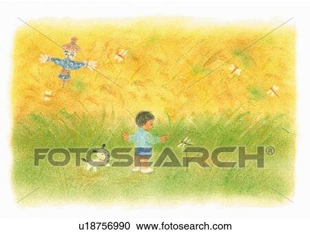 Boy watching Dragonfly flying around, Illustration View Large Photo Image Stock Image - Boy watching Dragonfly flying around, Illustration. Fotosearch