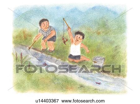 Boys fishing crayfishes, Illustration View Large Photo Image Stock Photo - Boys fishing crayfishes, Illustration . Fotosearch