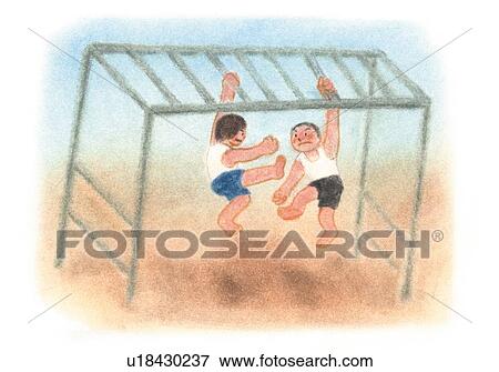Boys hanging from play equipment, Illustration View Large Photo Image Stock Photo - Boys hanging from play equipment, Illustration . Fotosearch