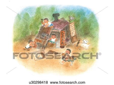Boys making a den, Illustration View Large Photo Image Stock Photo - Boys making a den, Illustration . Fotosearch