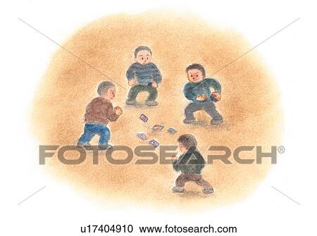 Stock Image - Boys playing with menko cards, Illustration . Fotosearch