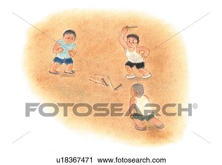 Stock Image - Boys playing with sticks, Illustration . Fotosearch