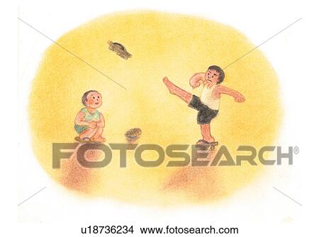 Picture - Boys playing with their wooden sandals, Illustration . Fotosearch