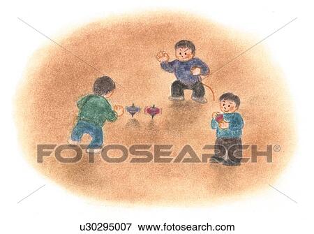 Boys spinning tops, Illustration View Large Photo Image Stock Photo - Boys spinning tops, Illustration . Fotosearch