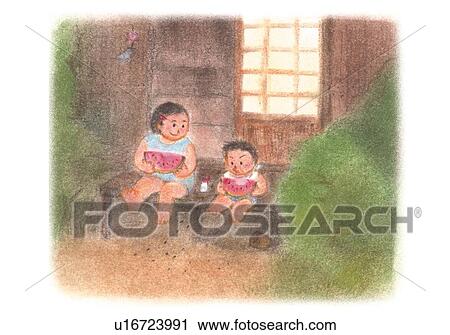 Children eating Watermelon at verandah, Illustration View Large Photo Image Stock Image - Children eating Watermelon at verandah, Illustration . Fotosearch