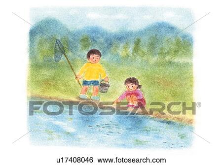 Children fishing at river, Illustration View Large Photo Image Stock Photograph - Children fishing at river, Illustration . Fotosearch