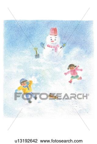 Children having snowball fight, Illustration View Large Photo Image Stock Image - Children having snowball fight, Illustration . Fotosearch