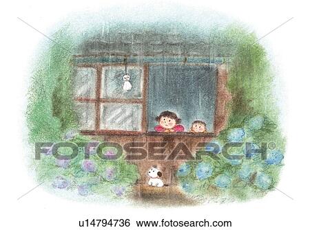 Children looking outside raining from the window, Illustration View Large Photo Image Stock Photograph - Children looking outside raining from the window, Illustration . Fotosearch