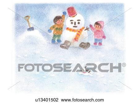 Stock Image - Children making a snowman, Illustration . Fotosearch