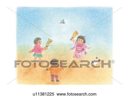 Children playing battledore, Illustration View Large Photo Image Stock Photography - Children playing battledore, Illustration . Fotosearch