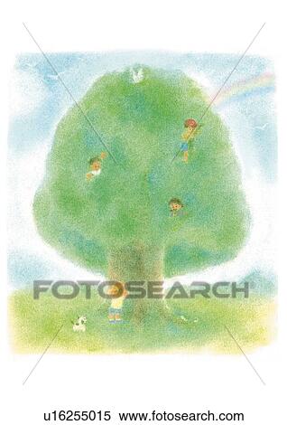 Stock Photography - Children playing in big tree, Illustration. Fotosearch