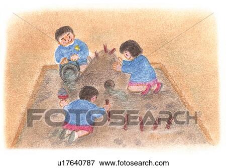 Children playing in sandpit, Illustration View Large Photo Image Stock Photo - Children playing in sandpit, Illustration . Fotosearch