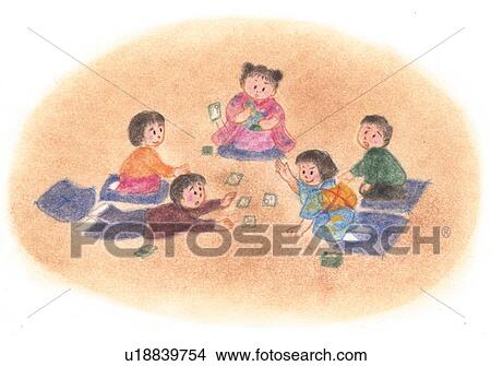Children playing Japanese card, Illustration View Large Photo Image Picture - Children playing Japanese card, Illustration . Fotosearch