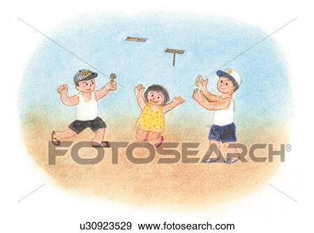 Stock Photo - Children playing with Bamboo Blades, Illustration . Fotosearch