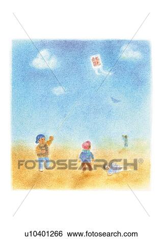 Stock Photograph - Children playing with kiteflying, Illustration . Fotosearch