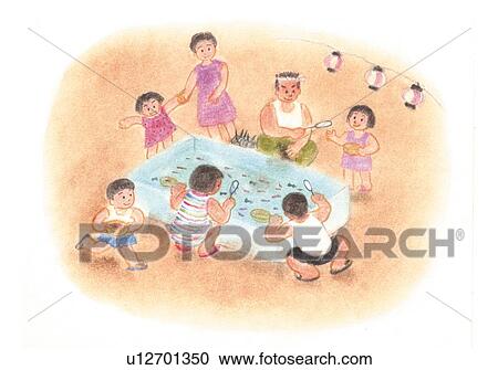Children scooping goldfish, Illustration View Large Photo Image Stock Image - Children scooping goldfish, Illustration . Fotosearch