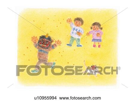 Picture - Children throwing beans at man with devil mask, Illustration . Fotosearch