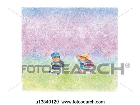 Children walking to school on entrance ceremony day, Illustration View Large Photo Image Stock Photo - Children walking to school on entrance ceremony day, Illustration. Fotosearch