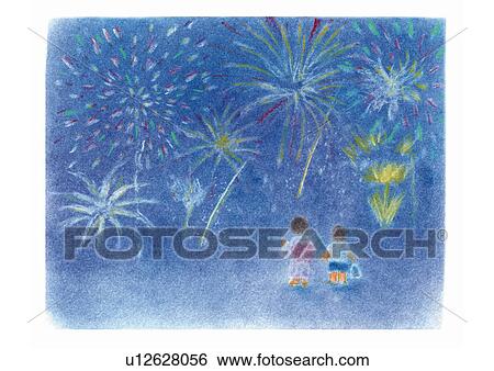 Children watching fire works, Illustration View Large Photo Image Stock Photograph - Children watching fire works, Illustration. Fotosearch