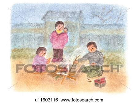 Stock Photograph - Family by the fire, Illustration . Fotosearch