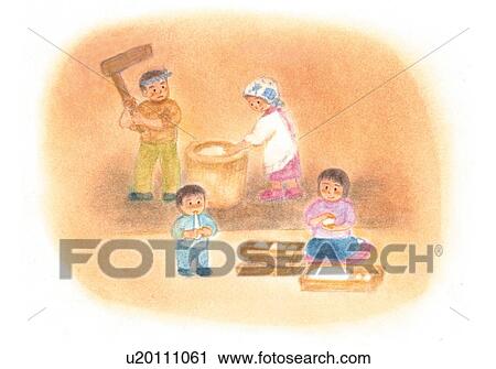 Stock Image - Family pounding rice cake, Illustration . Fotosearch