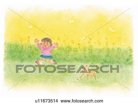 Picture - Girl playing with kitten in field, Illustration. Fotosearch