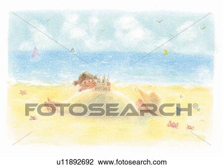 Girl playing with sand by her parant on the beach, Illustration View Large Photo Image Stock Image - Girl playing with sand by her parant on the beach, Illustration. Fotosearch