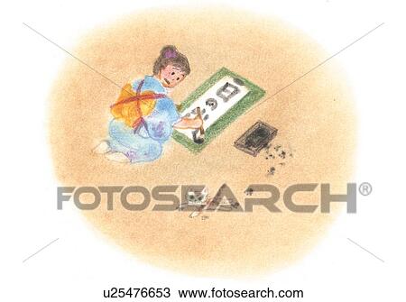 Stock Image - Girl writing calligraphy, Illustration . Fotosearch