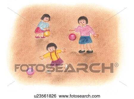 Stock Photograph - Girls patting balls, Illustration . Fotosearch