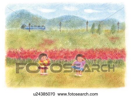 Girls playing in flower garden, Illustration View Large Photo Image Stock Image - Girls playing in flower garden, Illustration . Fotosearch