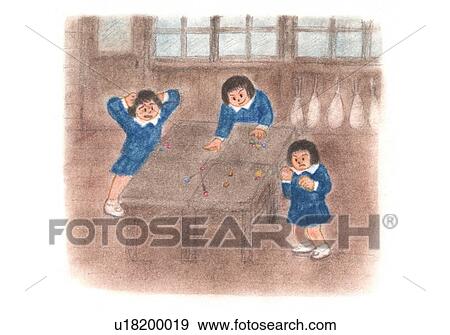 Stock Photo - Girls playing marbles in the class room, Illustration . Fotosearch