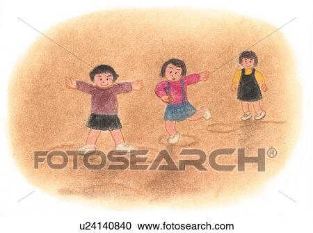 Stock Image - Girls playing with drawn rings on the ground, Illustration . Fotosearch