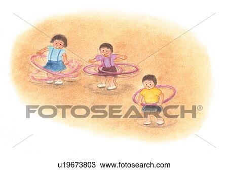 Stock Image - Girls playing with Hula Hoops, Illustration . Fotosearch