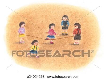 Stock Image - Girls playing with skip rope, Illustration . Fotosearch
