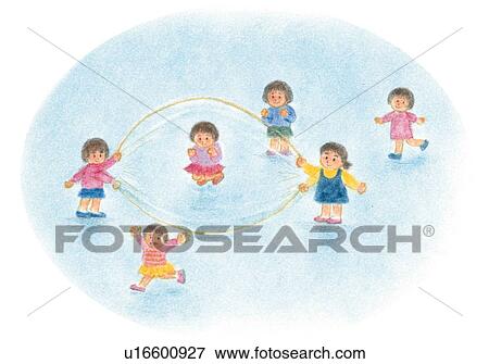Stock Photo - Girls playing with skip rope, Illustration . Fotosearch