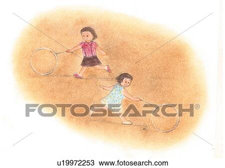 Stock Image - Girls playing with wheels, Illustration . Fotosearch