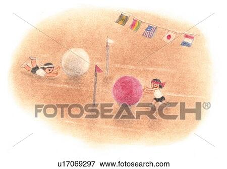 Stock Photo - Girls rolling big balls in athletic meet, Illustration . Fotosearch