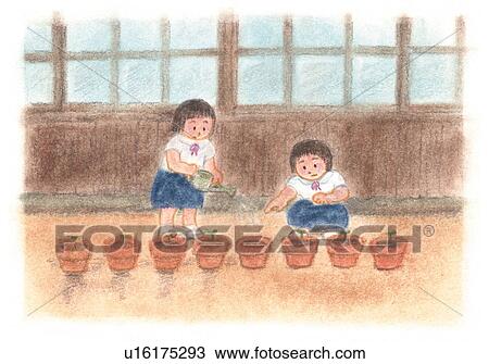 Stock Image - Girls watering plants, Illustration . Fotosearch