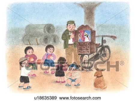 Stock Photo - Man showing picture story to children, Illustration . Fotosearch