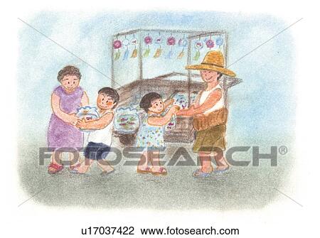Stock Image - Mother and Children at a stall, Illustration . Fotosearch