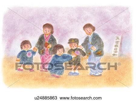 Stock Image - Mothers and children at entrance ceremony, Illustration . Fotosearch
