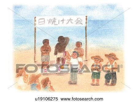 Stock Photography - Tanning Competition at a beach, Illustration . Fotosearch