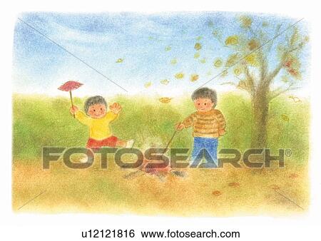 Stock Photograph - Two boys baking sweet potatos in fire, Illustration. Fotosearch