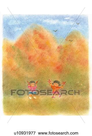 Two girls playing near mountains in Fall, Illustration View Large Photo Image Stock Photo - Two girls playing near mountains in Fall, Illustration. Fotosearch