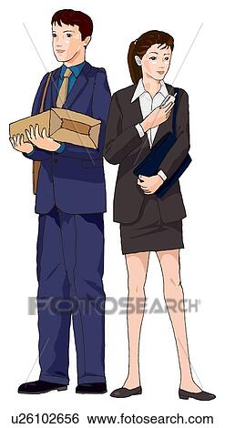Stock Illustration - Business man and woman standing with package, Illustration. Fotosearch
