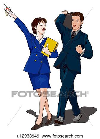 Stock Illustration - Business man and woman talking and walking, Illustration. Fotosearch