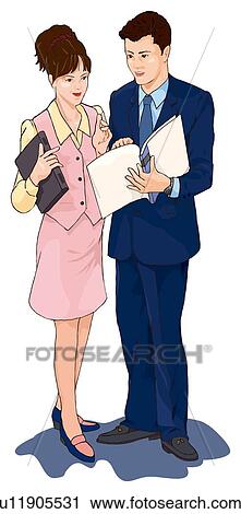 Clip Art - Business man and woman talking, Illustration. Fotosearch