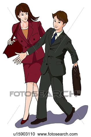 Business man and woman walking together, Illustration View Large Illustration Clipart - Business man and woman walking together, Illustration. Fotosearch