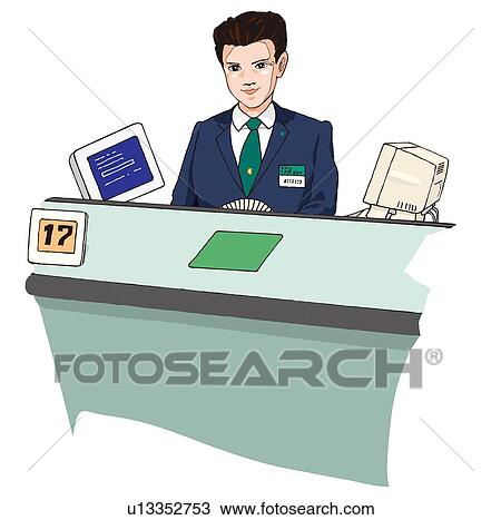 Drawing - Business man at bank desk, Illustration. Fotosearch